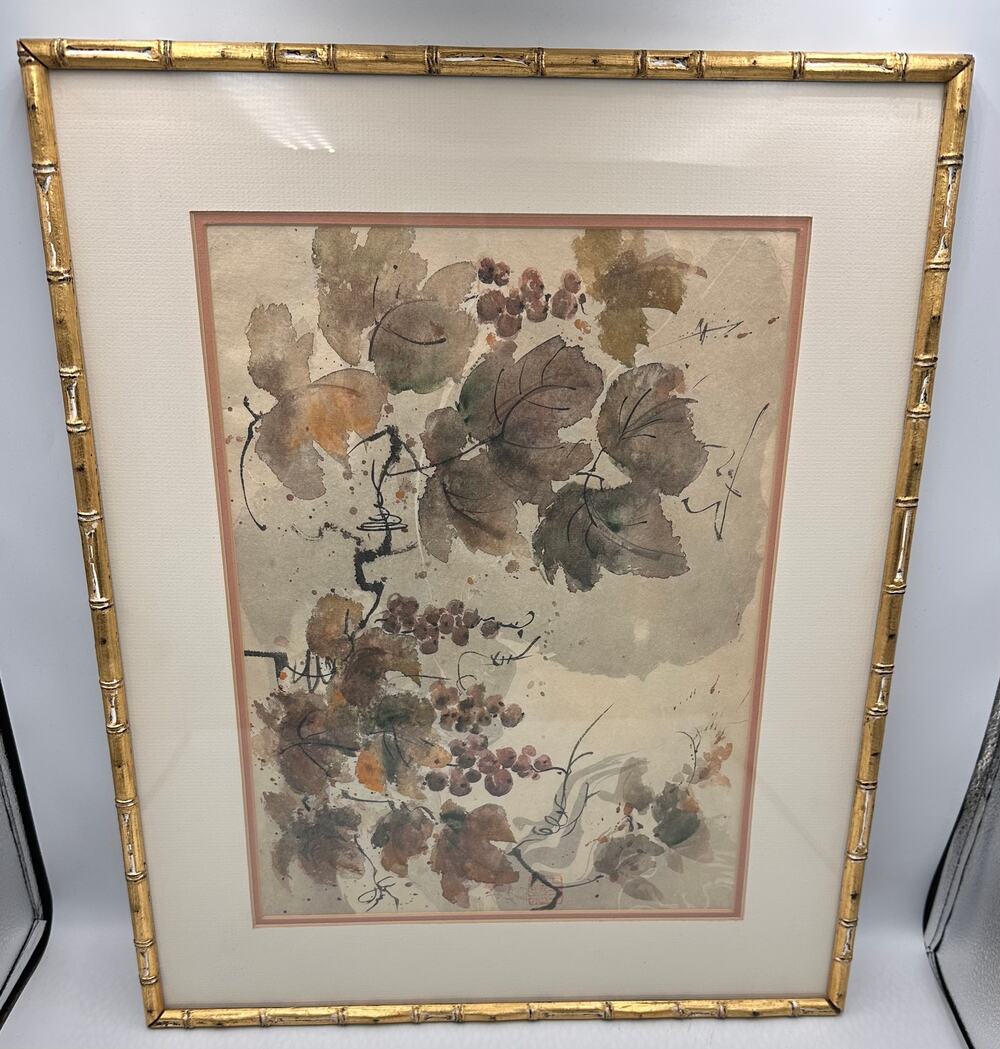 Vintage Japanese Still Life Bunch of Grapes Woodblock Painting